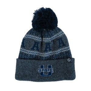 Block 'A', Striped, Gray, Navy, Pom Pom, Cuff, Beanie